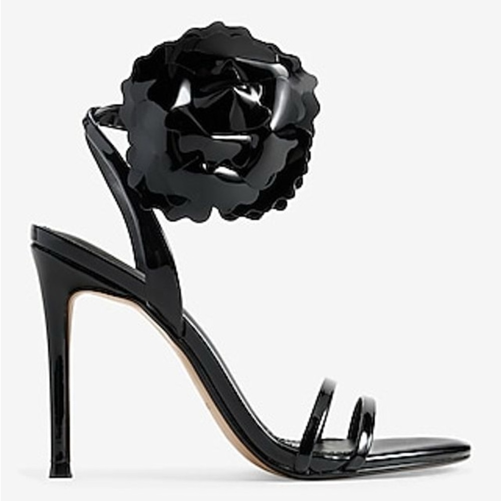 Express Flower Double Strap High Heeled Sandals Black